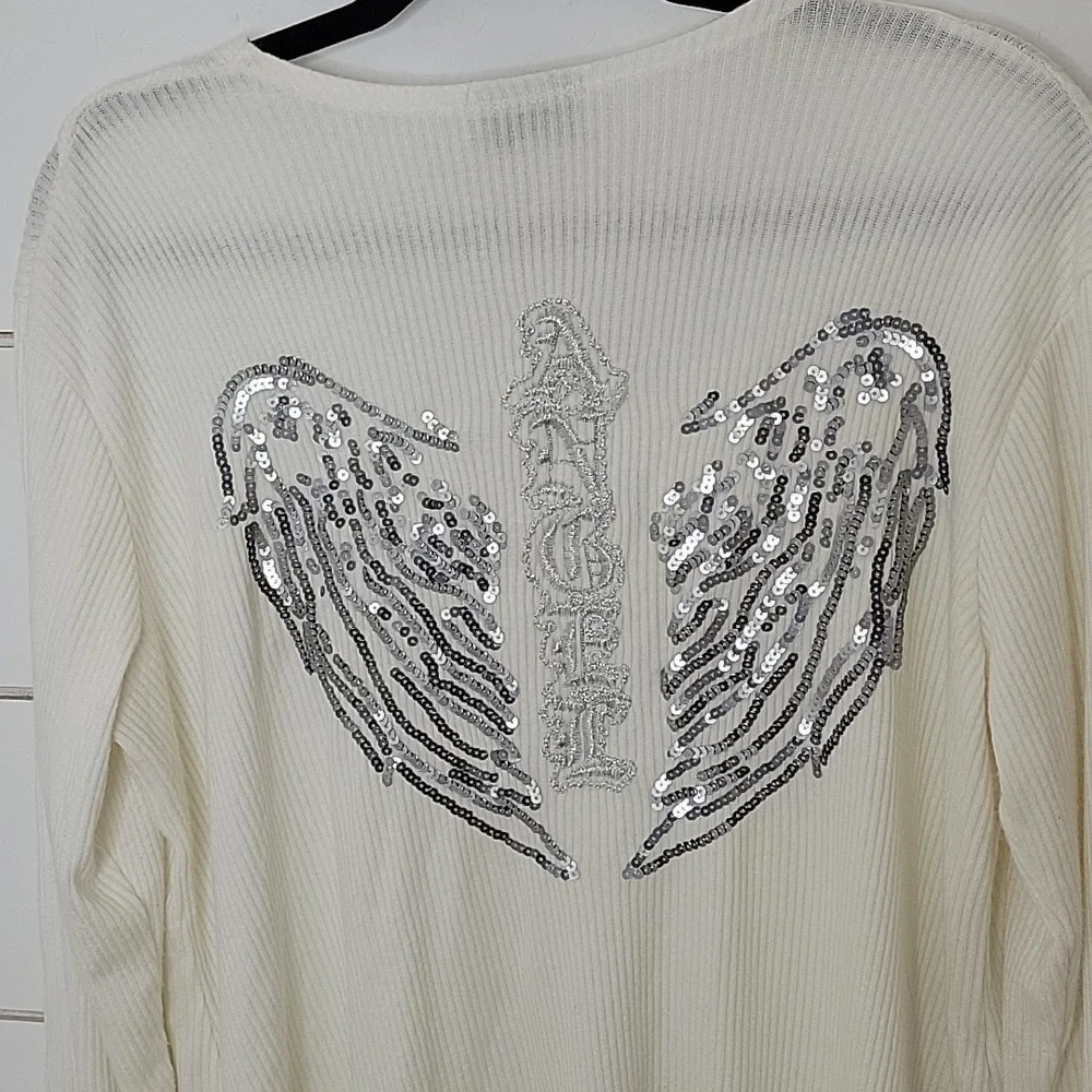 BELLE FRANCE xl off white high low cardigan with angel embroidery and sequins - Picture 2 of 5